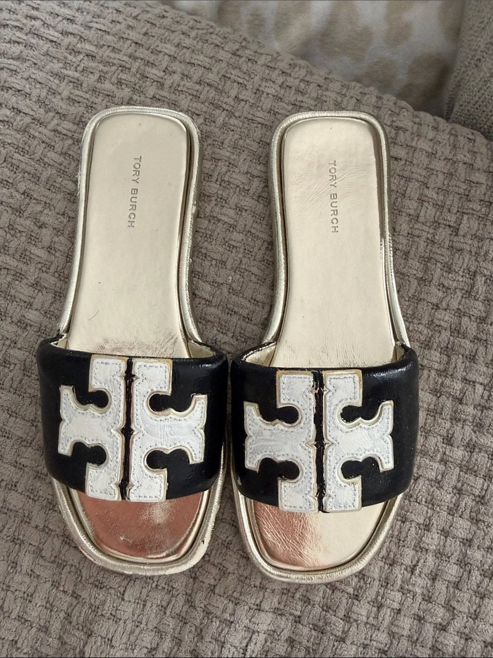 Tory Burch Black and Gold Logo Slide Mules